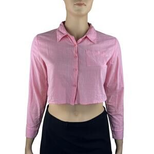 Mirrou Women Plus Pink Collared Long Sleeves Button Front Cropped Shirt 14
